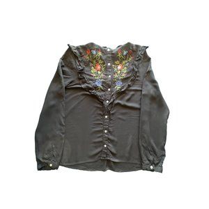 Love Tree Chambray Flower Embroidered Button Down Women Long sleeve Shirt Large